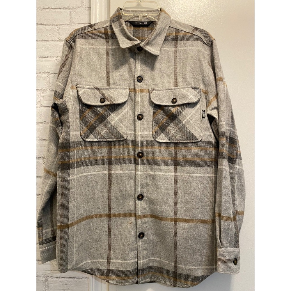 RNT23 Men's Relaxed Fit Plaid Fleece Flannel heavy shirt Shacket gray Size S